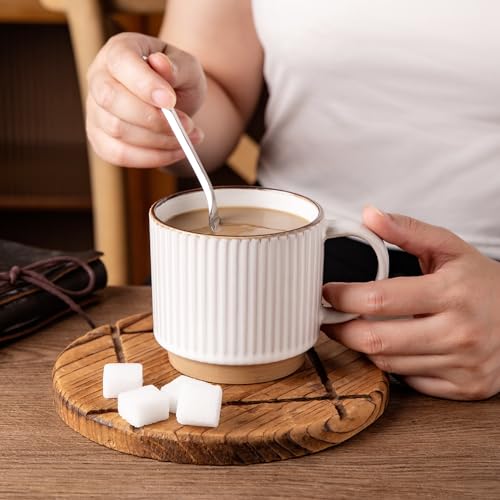 GBHOME 12OZ Stackable Coffee Mugs, Ceramic Coffee Mugs with Texture Patterns for Man,Woman,Dad,Mom, Modern Coffee Mugs Set of 4 for Latte/Cappuccino/Cocoa. Dishwasher&Microwave Safe, Off White