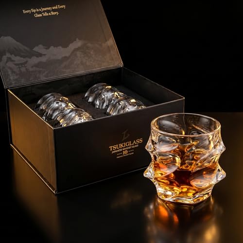 TSUKIGLASS® Storm Premium Japanese Crystal Whiskey Glasses Set of 4 - Gift Ready Box, 100% Ultra Clarity Lead-Free Crystal, 10oz Tumblers for Bourbon, Scotch & Cocktails, Luxury Gift for Father's Day