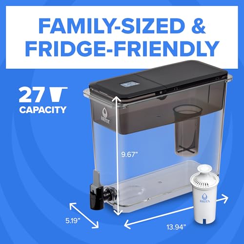 Brita Extra-Large 27-Cup Water Dispenser with BritaPlus Filter, WQA NSF/ANSI Certified, Reduces 2X Contaminants vs. Standard, Reduces Chlorine, Zinc, Copper, Mercury & More, 1 Filter Included, Black