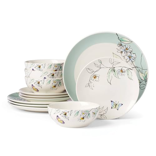 Oneida Dinnerware Set, Botanica 12-Piece Dinnerware Set, Service For 4, Porcelain Material, Dishwasher And Microwave Safe, Bowls, Plates And Bowls, Dinner Dishes, Plates, Home (Green, 12 Piece)