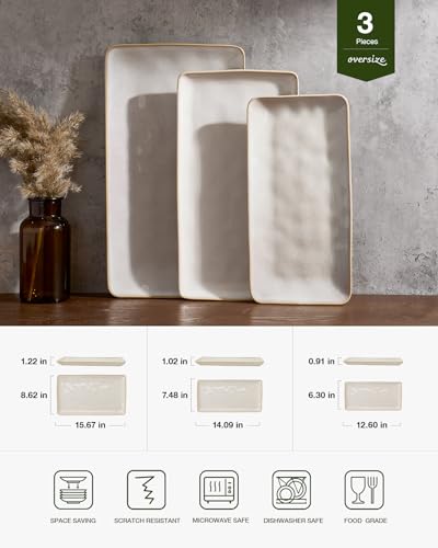 Famiware Serving Platter, Rectangular 15.67/14.1/12.6inch Serving Dishes for Entertaining, Microwave Dishwasher Safe, Stoneware Serving Trays for Party, Turkey, Cheese, Ocean Series, Cappuccino White