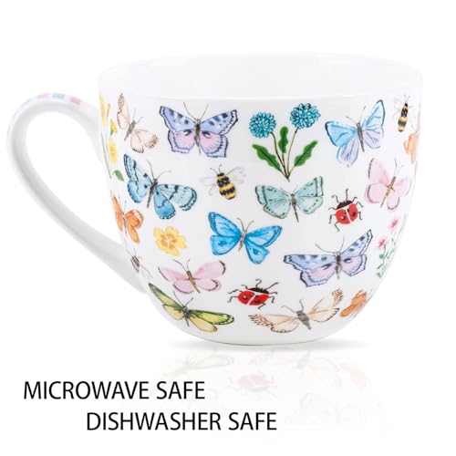 Colorful Butterfly Mug - 20oz Bone China Coffee Tea Hug Mug with Multicolor Butterflies, Ladybugs, Bees & Blooms, Perfect Gifts for Mom Women Mothers Day, Designed in England by Harvest Green Studio