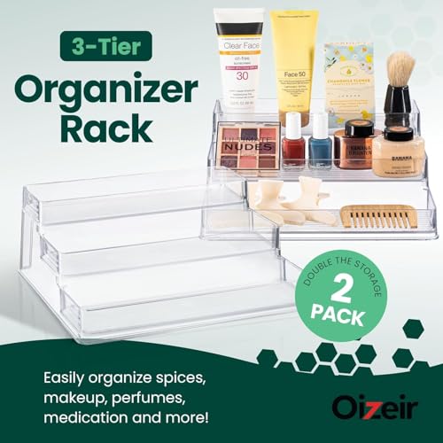 Oizeir Clear Spice Rack (2-Pack) - 3-Tier Acrylic Organizer for Cabinet - Deep Spice Shelf - 10.4 x 9.6 x 4 Inches - Holds Seasoning and Condiments