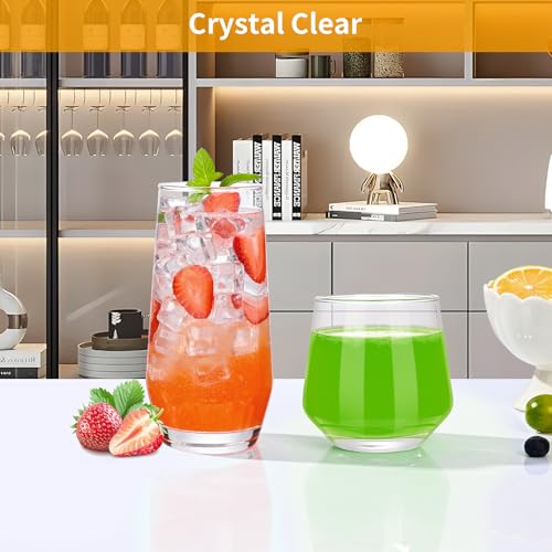 ZMOWIPDL Drinking Glasses Set of 8,Clear 13 oz & 18oz Crystal Glass Cups,Drinkware Glassware,Highball Water Tumbler,Short Stemless Wine Glasses，for Beer,Cocktail,Whiskey,Juice and Various Mixed Drinks