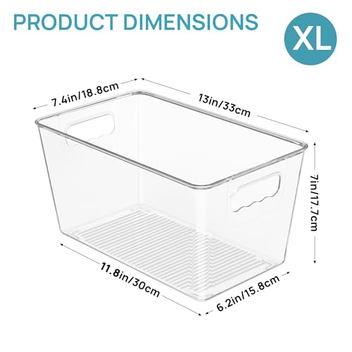Vtopmart 6 Pack Clear Plastic Storage Bins, Pantry Organizer Containers with Handle for Refrigerator, Fridge, Cabinet, Kitchen, Countertops, Cupboard, Home Organization and Storage, XL