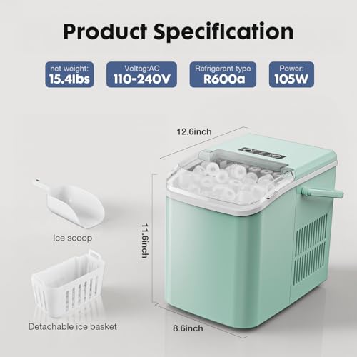 Sweetcrispy Countertop Ice Maker with Scoop, Basket and Handle, Portable Ice Machine 9 Cubes Ready in 6 Mins, 26.5lbs in 24Hrs, 2 Sizes for Home Kitchen Office Bar Party, Green