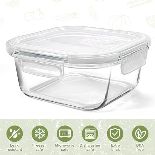Susukkie Square Glass Containers with Lids 3 Cup/24 oz, 4 Pack