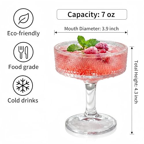 ZOOFOX Set of 6 Coupe Glasses, 7 oz Vintage Cocktail Coupe Glasses Set, Crystal Martini Glasses with Stem, Embossed Bar Drinking Glasses Set for Espresso Martini, Cosmopolitan, Manhattan, Gimlet