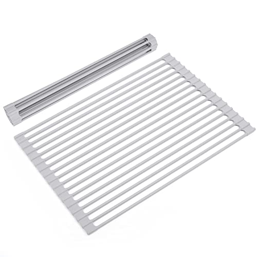 Roll Up Dish Drying Rack Over Sink, 17.5" x 13" Silicone Coated Stainless Steel Sink Drying Rack, Foldable Dish Drainer Rack for Kitchen Counter, Heat Resistant, Non-Slip, Space Saving, Gray