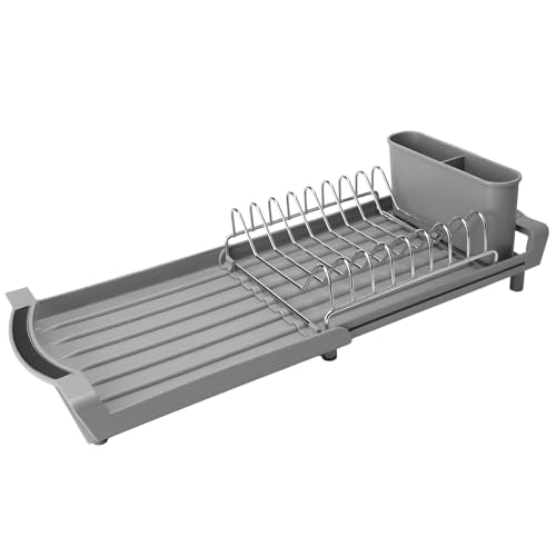 Dish Drying Rack Compact Expandable - A Space-Saving, Stainless Steel, Rust-Resistant Dish Drainer for Kitchen and Apartment Countertops/Sink Cabinets, Extendable from 11.42 to 19.9 inches (Gray)