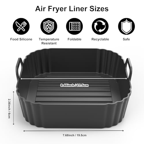 PINTAUR Square Silicone Air Fryer Liners 2 Pack, Compatible with Ninja AF141 181, 8.5 Inch Air Fryer Liners for COSORI 5-6.5 QT, Reusable Silicone Basket, Air Fryer Accessories