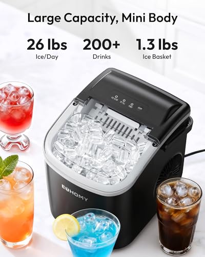 EUHOMY Countertop Ice Maker Machine with Handle, 26.5lbs Per Day, 9 Ice Cubes Ready in 6 Mins, Auto-Cleaning Portable Ice Maker with Basket and Scoop, for Home/Kitchen/Camping/RV (Black)