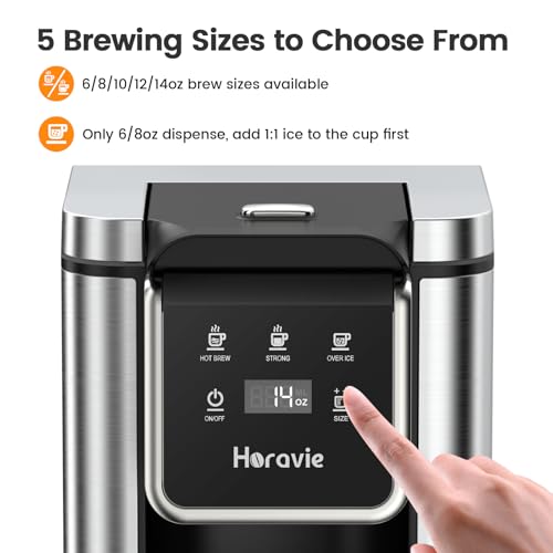 Horavie Single Serve Coffee Maker for K-Cup Pod and Grounds, Hot & Iced Coffee Maker, Strong Button Feature, 6 to 14oz Brew Sizes, 50oz Removable Reservoir, Fit 6.5" Mugs, Stainless Steel, Black