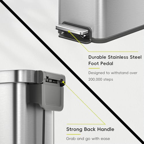 EKO Hudson Slim 50L / 13.2 Gallon Kitchen Trash Can with Lid, Stainless Steel Step Garbage Can for Kitchen or Home, Space-Saving Garbage Can with Soft Close Lid, Stay-Open, Liner Ring, Handle