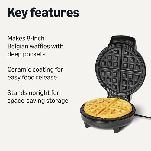 Amazon Basics Waffle Iron, Mini Belgian Waffle Maker with Round 8-Inch Ceramic Nonstick Plate, Adjustable Browning Control, Cool Touch Handle, Vertical Storage, 8 Inches, Black