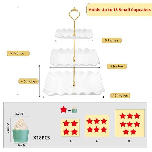 DAFURIET Dessert Cupcake Stand, 3 Tier Cup Cake Holder Tower for Tea Party/Birthday/Wedding, Plastic Tiered Serving Tray with Metal Rod, White