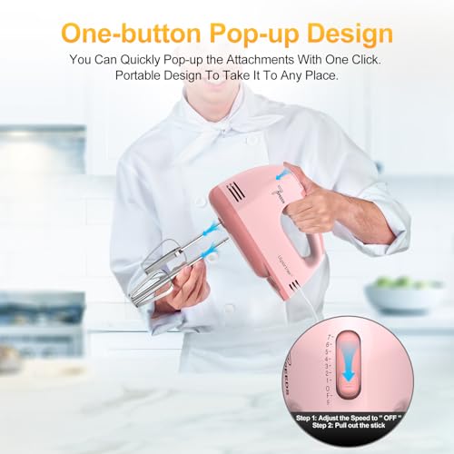LILPARTNER Electric Hand Mixer with Storage Box, Ultra Power Kitchen Hand Mixer With 7-Speed & 5 Stainless Steel Accessories for Whipping Dough, Cream, Cake, Dishwasher Safe, PINK BOX