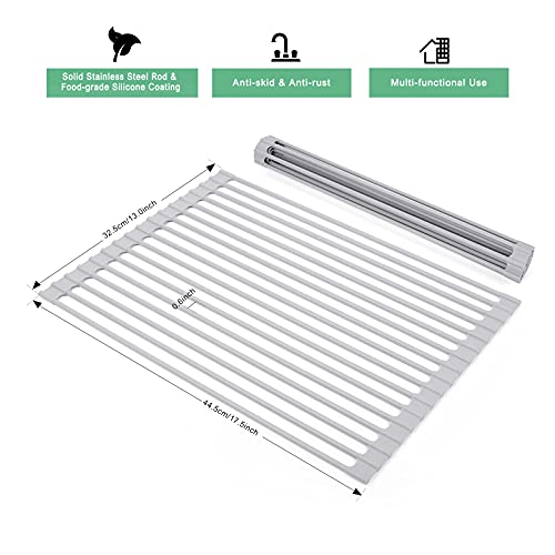 Roll Up Dish Drying Rack Over Sink, 17.5" x 13" Silicone Coated Stainless Steel Sink Drying Rack, Foldable Dish Drainer Rack for Kitchen Counter, Heat Resistant, Non-Slip, Space Saving, Gray
