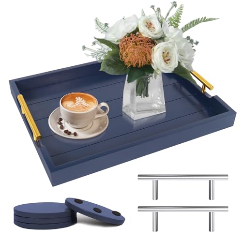 SXNOWS Coffee Table Tray - Large Ottoman Tray for Living Room - Wood Serving Tray with 2 Sets of Handles - Wooden Trays for Coffee Tables, 4 Round Coasters Included, Deep Blue
