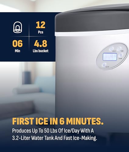 NewAir 50 lb. Countertop Ice Maker | Portable Bullet Ice Machine | 12 Cubes in 7 Minutes, 3 Ice Sizes | Stainless Steel, Self-Cleaning, BPA-Free