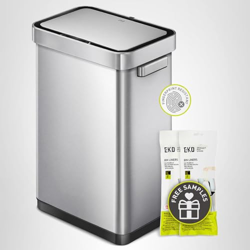 EKO Deluxe Mirage-T 50 Liter / 13.2 Gallon Touchless Rectangular Motion Sensor Trash Can, Matte Stainless Steel Finish