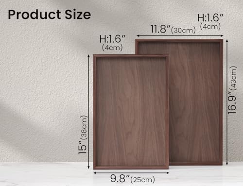 Fibogollo Set of 2 Walnut Wooden Serving Tray with Handles,Decorative Trays Platter,Breakfast Tray in Bed,Large Coffee Table Tray, Food Drinks Trays for Eating,Working,Storing