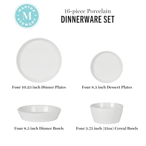 Martha Stewart Selma Chip & Scratch Resistant Dinnerware Set Service for 4 (16pcs) – White Plates and Bowls, Durable Dishwasher and Microwave Safe Dishes Set for Everyday Use