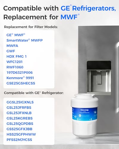 Waterdrop WD-F13 Replacement for GE® MWF®, SmartWater® MWFP, MWFINT, MWFA, GWF, HDX FMG-1, Kenmore® 9991, GSE25GSHECSS, WFC1201 Refrigerator Water Filter, 3 Pack