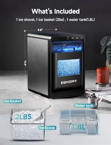 EUHOMY Nugget Ice Maker Countertop, 40Lbs/24H Pebble Ice Maker Machine, Self-Cleaning Countertop Sonic Ice Makers with Ice Scoop&Basket, Pellet Ice Maker Machine for Home/Kitchen/Office