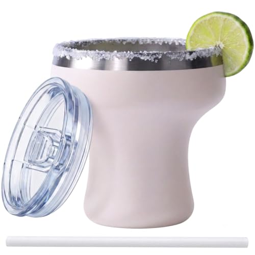 Daximo 11 oz Vacuum Insulated Margarita Tumbler - Stainless Steel Margarita Cup with Lid & Straw - Shatterproof Cocktail Tumbler for Ice-Cold Sips by the Pool Patio & Beach - Ivory Pink