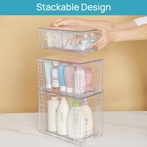Vtopmart 3 Pack Clear Stackable Storage Drawers,Easy to Assemble Bathroom Organizers and Storage with handles,Plastic Drawers for Kitchen Pantry,Cabinet,Under Sink Organization