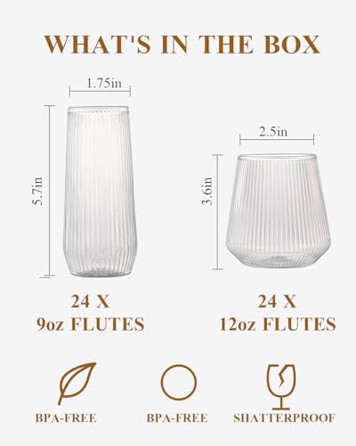 BESTSTAR 48 Pack Disposable Ribbed Origami Ripple Plastic Glasses Set - 24 9 OZ Stemless Champagne Flutes & 24 12OZ Cups, BPA-Free Shatterproof Clear Drinkware for Weddings, Parties & Events (Clear)
