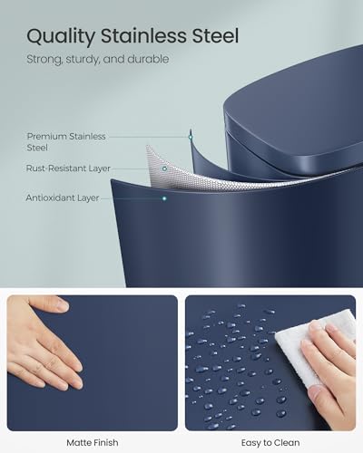 SONGMICS 13 Gallon (50 L) Trash Can, Stainless Steel Kitchen Garbage Can, Recycling or Waste Bin, Soft Close, Step-On Pedal, Removable Inner Bucket, Midnight Blue ULTB050L01