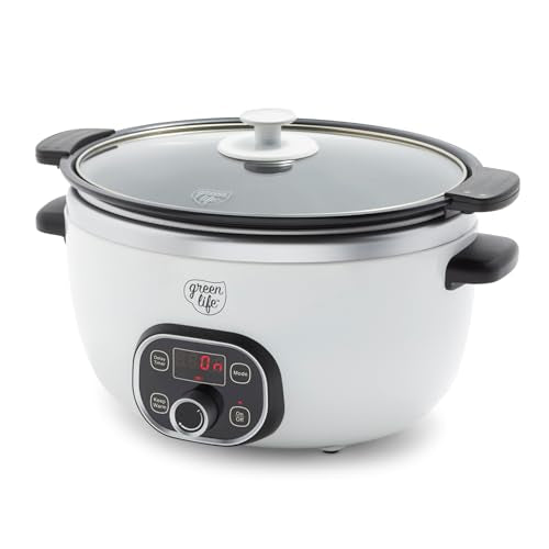 GreenLife 8QT Slow Cooker, Non-Toxic PFAS-Free Ceramic Nonstick Removable Interior Bowl, Programmable, Family Friendly, Keep Warm, Stovetop & Oven Safe, Dishwasher Safe Crock, Timer, Glass Lid, White