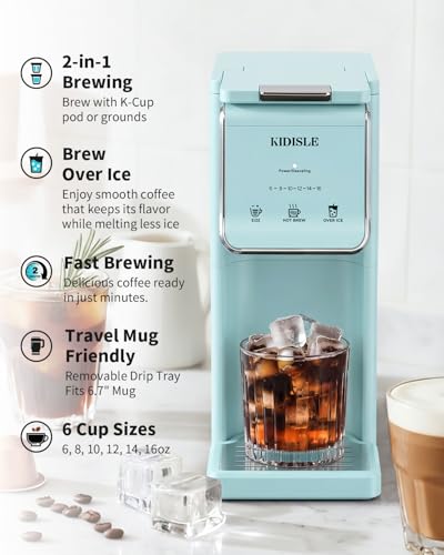 KIDISLE Hot & Iced Single Serve Coffee Maker for K Cup & Grounds, 6-16oz Sizes, 40oz Water Tank, Reusable Filter, Compact for Home Office Dorm, Blue