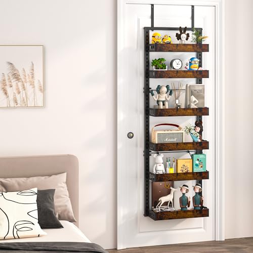 BUKFEN 6-Tier Over the Door Pantry Organizer, 2-in-1 Door Hanging or Wall Mounted Spice Rack with Adjustable Wooden Baskets, Heavy Duty Metal Storage Shelf, 12 Hooks for Kitchen, Bathroom, Closet