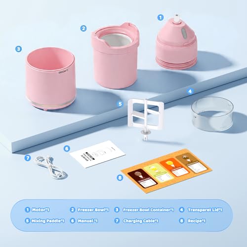BRIOBITE Ice Cream Maker,Rechargeable Soft Ice Cream Machine with Low Noise,Compact for 1-2 Servings,Perfect for Sorbet,Gelato,Frozen Yogurt,Pink