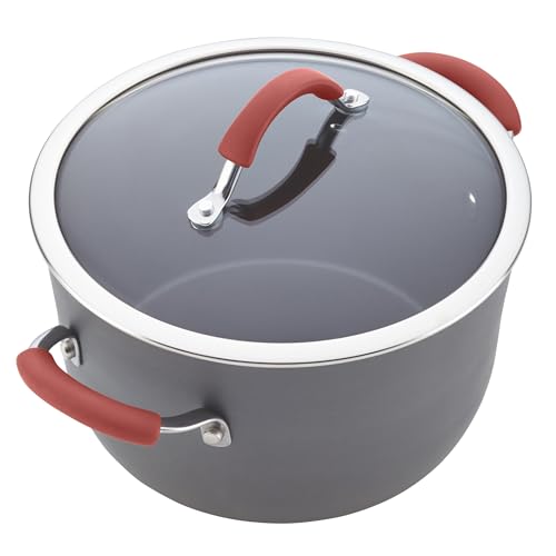 Rachael Ray Cucina Dishwasher-Safe Hard-Anodized Pots and Pans Set Non Stick Cookware, 12-Piece, Gray with Red Handles
