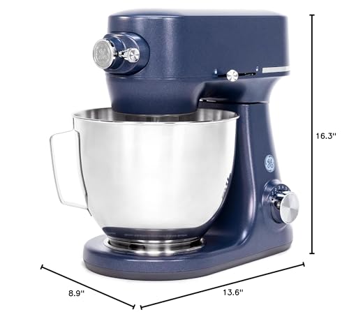 GE Tilt-Head Electric Stand Mixer | 7-Speed, 350-Watt Motor | Includes 5.3-Quart Bowl, Flat Beater, Dough Hook, Wire Whisk & Pouring Shield | Countertop Kitchen Essentials | Sapphire Blue
