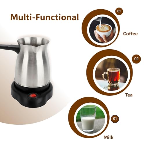 Electric Turkish Coffee Pot, 600ml Stainless Steel 110V Heating Kettle with Foldable Anti-Scald Handle for Home and Travel, Fast Brew Maker Arabic Greek Tea Milk (Smooth Pot Surface)