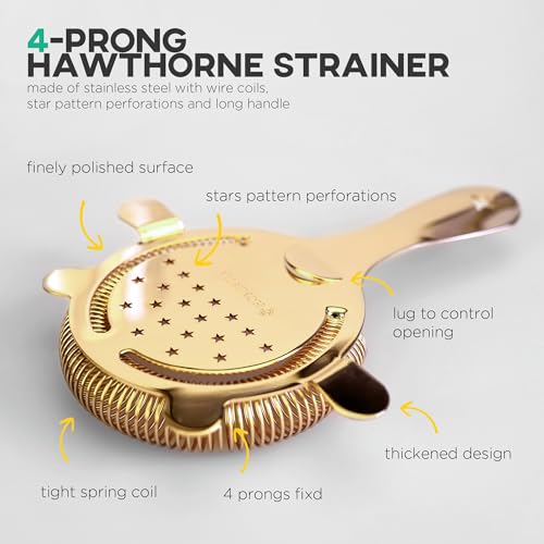 Homestia Hawthorne Strainer - Stainless Steel Cocktail Strainer with Removable High-Density Spring for Bartending, Boston Shakers & Mixing Glasses, Professional Bar Tools Gold