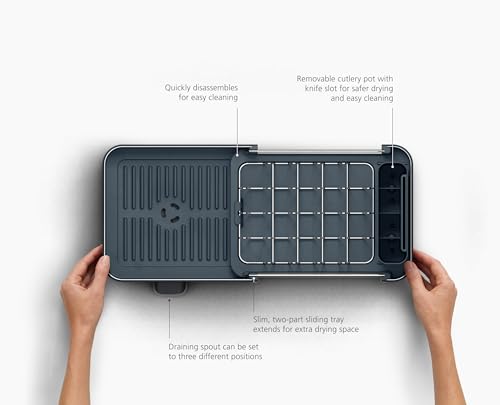 Joseph Joseph Extend Slim Steel Expandable Dish Drying Rack with Removable Cutlery Holder and Swivel Draining Spout, Compact Design, Grey