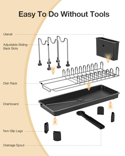 Nfnoyp Small Dish Drying Rack Carbon Steel Dish Rack Rustproof for Kitchen Counter Compact Dish Drainer with Adjustable Slots for Small Kitchens & Apartments 16.5×6.5×7inch Black