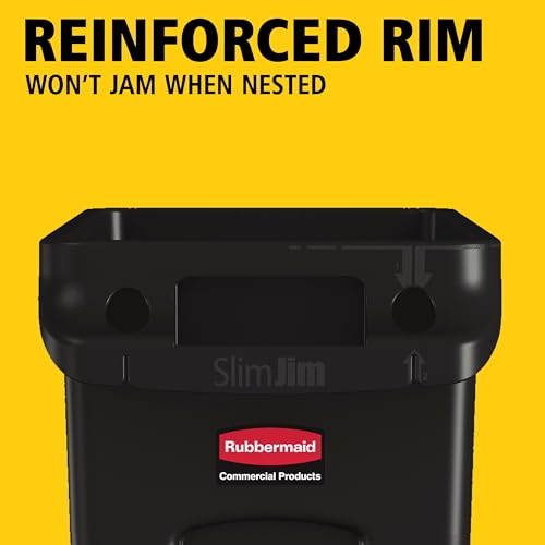 Rubbermaid Commercial Products Slim Jim Plastic Rectangular Trash/Garbage Can With Venting Channels, 23 Gal, Black, for Kitchen/Office/Workspace