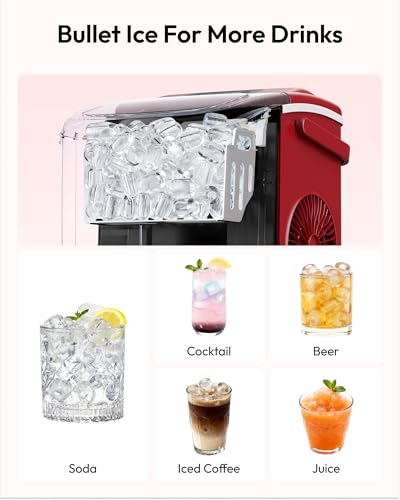 EUHOMY Countertop Ice Maker Machine with Handle, 26lbs Per Day, 9 Ice Cubes Ready in 6 Mins, Auto-Cleaning Portable Ice Maker with Basket and Scoop, for Home/Kitchen/Camping/RV (Red)