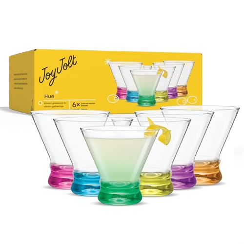 JoyJolt Hue 7.5oz Martini Glasses, Cocktail Glassware Set of 6, Colored Glass Base, Stemless Drinking Glasses for Margarita, Bar, Shrimp Cocktail, Juice