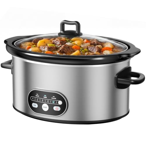 OLIXIS Slow Cooker 8 Quart, Ceramic Nonstick Coating, Programmable Slow Cooker with Dishwasher Stoneware Pot and Tempered Glass Lid, Multi Cookers with 3 Temperature, 35in Tangle Free Cord, Silver