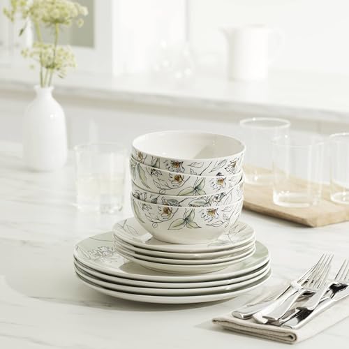 Oneida Dinnerware Set, Botanica 12-Piece Dinnerware Set, Service For 4, Porcelain Material, Dishwasher And Microwave Safe, Bowls, Plates And Bowls, Dinner Dishes, Plates, Home (Green, 12 Piece)
