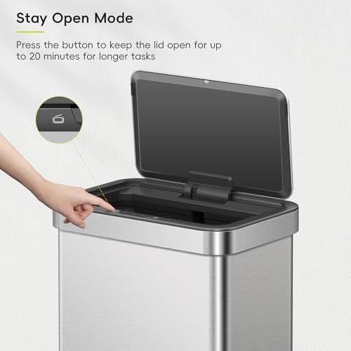 EKO Nova Sensor Trash Can, 21 Gallon/80 Liter Stainless Steel Rectangular Touchless Motion Sensor Trash Can, Matte Metallic