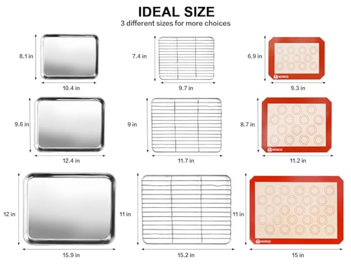 Stainless Steel Baking Sheet Tray Cooling Rack with Silicone Baking Mat Set, Cookie Pan with Cooling Rack, Set of 9 (3 Sheets + 3 Racks + 3 Mats), 10/12/16 Inch, Easy Clean